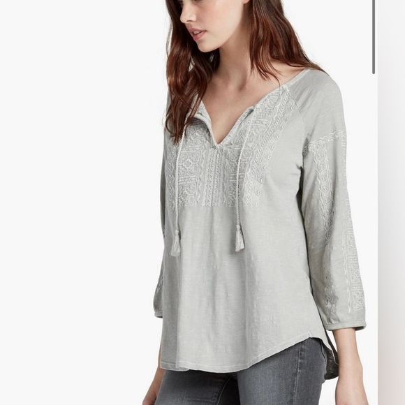 Lucky Brand mixed fabric washed peasant top in artic grey - Picture 1 of 4